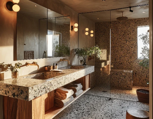 Terrazzo flooring tile inside a bathroom with brown colour ambience